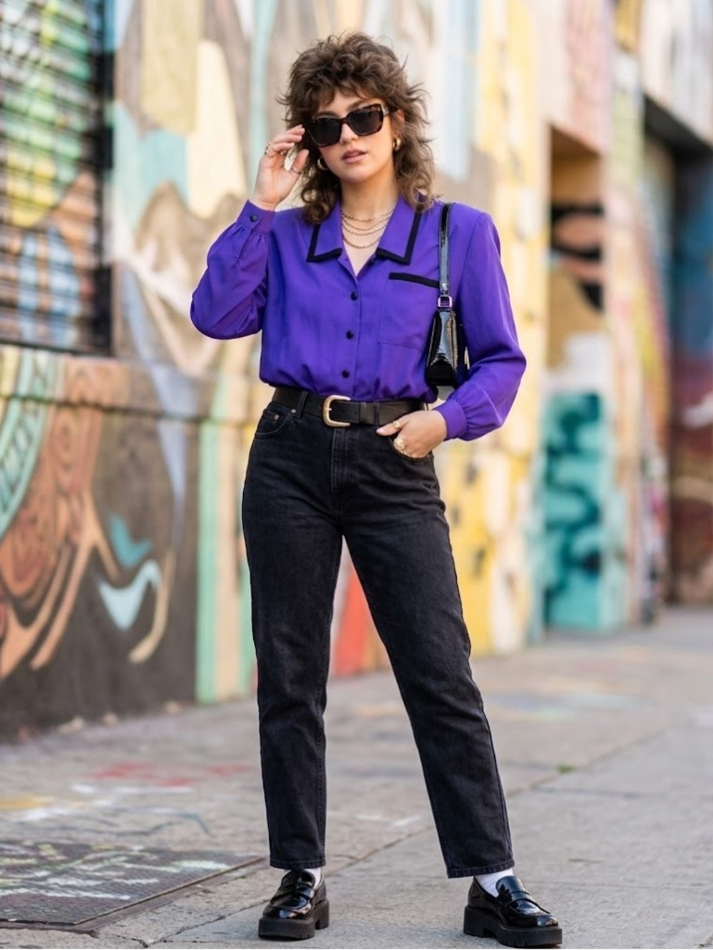 Vintage Judy Bond Black & Purple Long Sleeve Blouse, Size 10, 80’s style